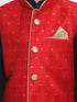 Vastramay Boys Maroon Silk Blend Nehru Jacket With Navy Blue Kurta And Pyjama Set