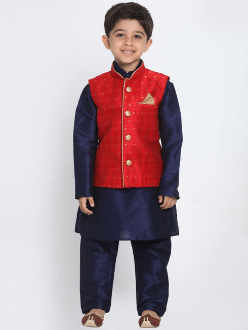 Vastramay Boys Maroon Silk Blend Nehru Jacket With Navy Blue Kurta And Pyjama Set