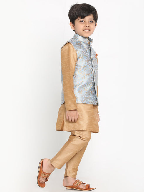 Vastramay Boys Grey Silk Blend Kurta, Ethnic Jacket and Pyjama Set