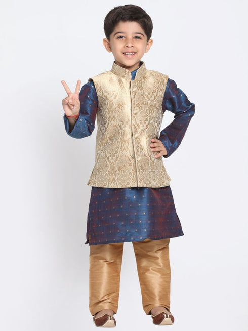 Vastramay Boys Gold Cotton Silk Blend Kurta, Waistcoat and Pyjama Set