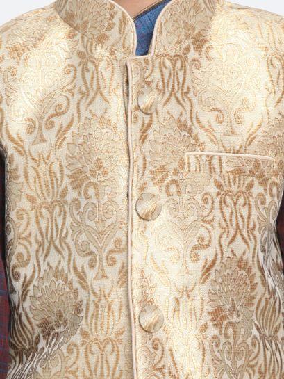 Vastramay Boys Gold Cotton Silk Blend Kurta, Waistcoat and Pyjama Set