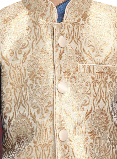 Vastramay Silk Blend Rose Gold and Blue Baap Beta Jacket Kurta Pyjama set