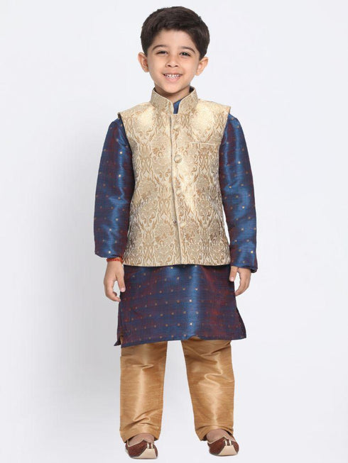 Vastramay Boys Gold Cotton Silk Blend Kurta, Waistcoat and Pyjama Set