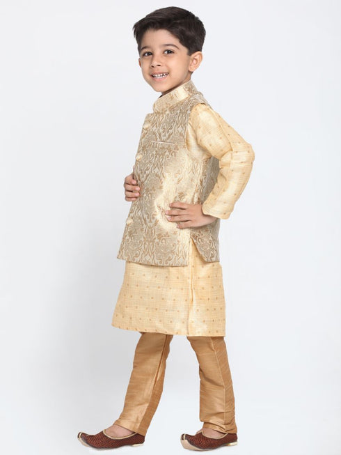 Vastramay Boys Gold Cotton Silk Blend Kurta, Waistcoat and Pyjama Set