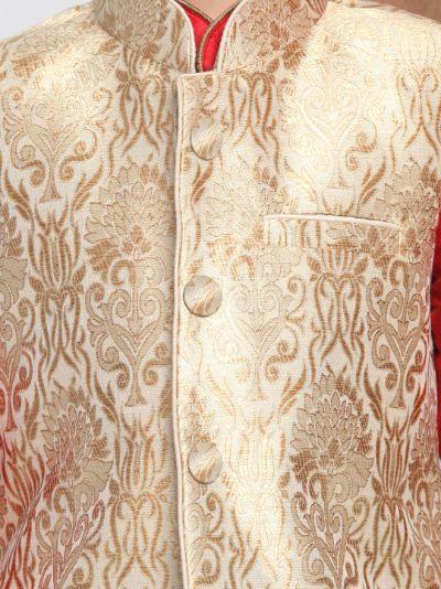 Vastramay Boys Gold Cotton Silk Blend Kurta, Waistcoat and Pyjama Set