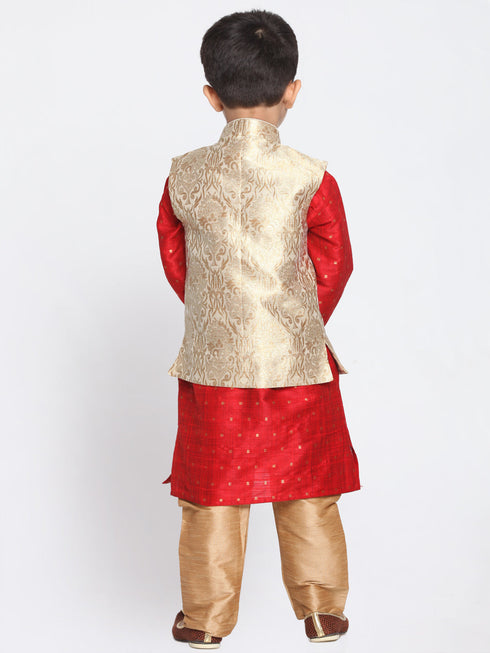 Vastramay Silk Blend Rose Gold and Maroon Baap Beta Jacket Kurta Pyjama set