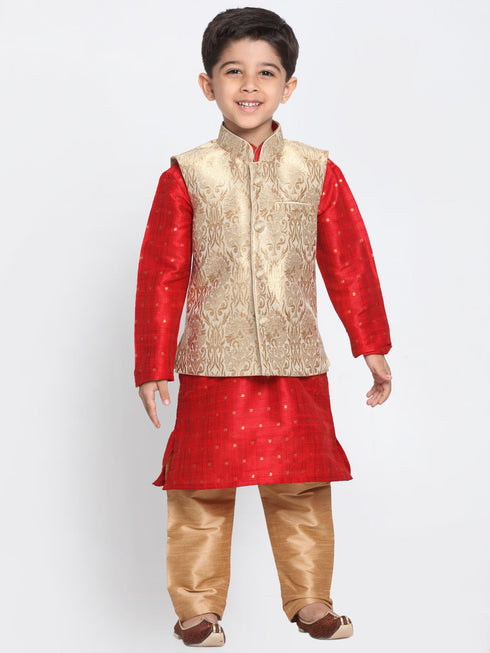 Vastramay Silk Blend Rose Gold and Maroon Baap Beta Jacket Kurta Pyjama set