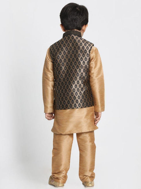 Vastramay Boys' Gold Cotton Silk Blend Kurta, Waistcoat and Pyjama Set