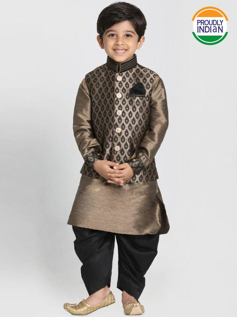 Vastramay Boys' Gold Cotton Silk Blend Ethnic Jacket, Kurta and Dhoti Pant Set