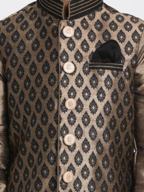 Vastramay Boys' Gold Cotton Silk Blend Ethnic Jacket, Kurta and Dhoti Pant Set