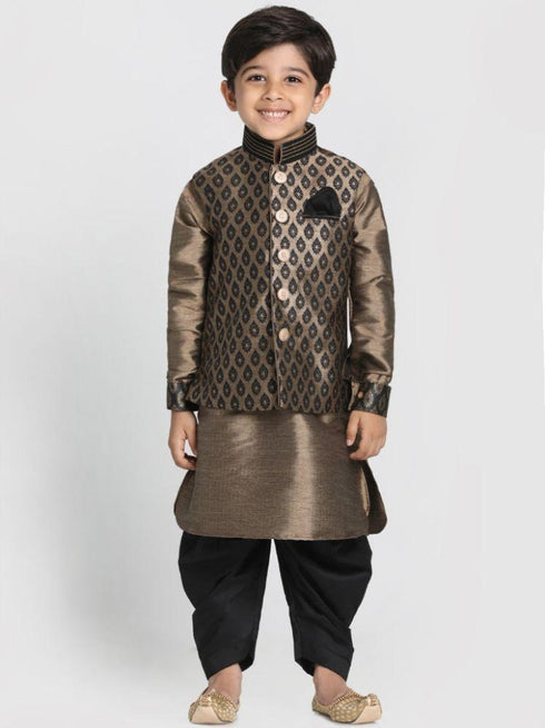 Vastramay Boys' Gold Cotton Silk Blend Ethnic Jacket, Kurta and Dhoti Pant Set