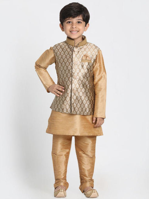 Vastramay Boys' Gold Cotton Silk Blend Nehru Jacket