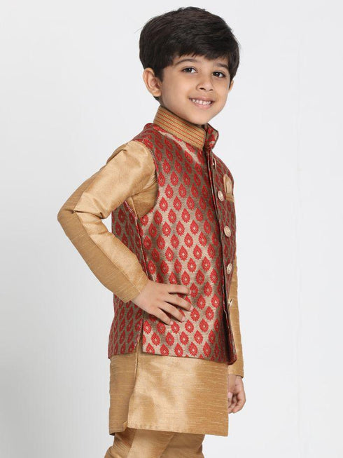 Vastramay Boys' Maroon Cotton Silk Blend Nehru Jacket