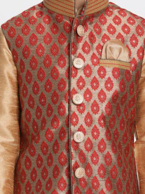 Vastramay Boys' Gold Cotton Silk Blend Kurta, Waistcoat and Pyjama Set