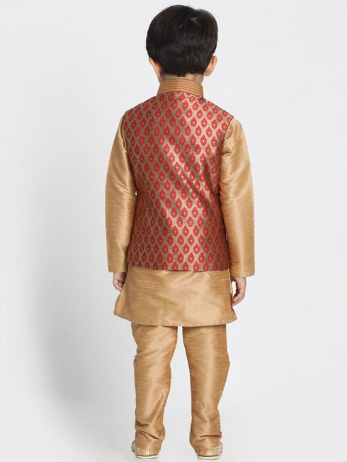 Vastramay Boys' Gold Cotton Silk Blend Kurta, Waistcoat and Pyjama Set