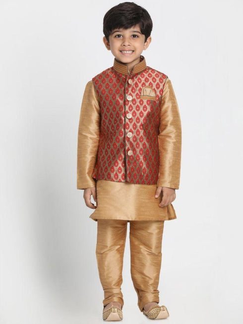 Vastramay Boys' Gold Cotton Silk Blend Kurta, Waistcoat and Pyjama Set