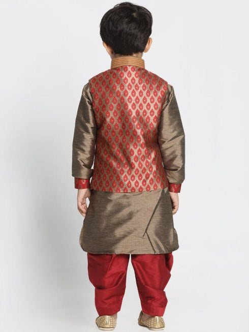 Vastramay Boys' Gold Cotton Silk Blend Ethnic Jacket, Kurta and Dhoti Pant Set