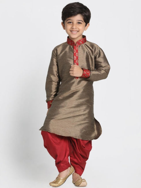 Vastramay Boys' Gold Cotton Silk Blend Ethnic Jacket, Kurta and Dhoti Pant Set
