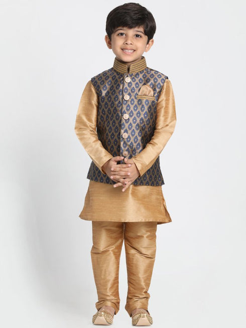 Vastramay Boys' Deep Blue Cotton Silk Blend Nehru Jacket