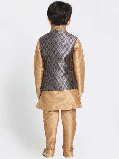 Vastramay Boys' Gold Cotton Silk Blend Kurta, Waistcoat and Pyjama Set