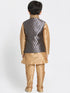 Vastramay Boys' Gold Cotton Silk Blend Kurta, Waistcoat and Pyjama Set