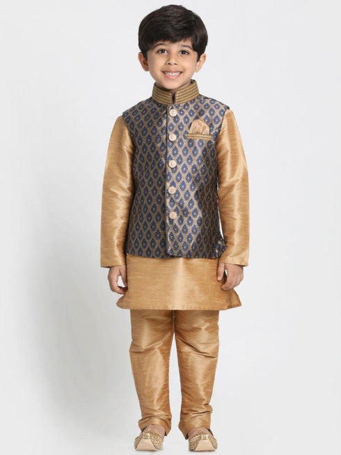 Vastramay Boys' Gold Cotton Silk Blend Kurta, Waistcoat and Pyjama Set