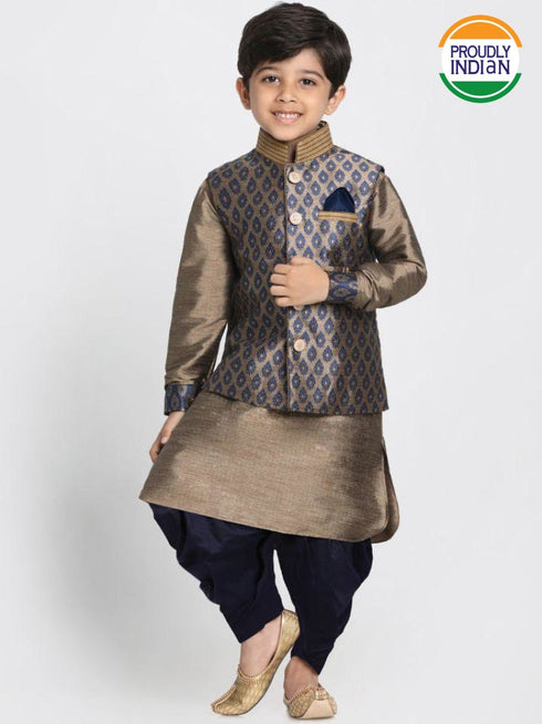 Vastramay Boys' Gold Cotton Silk Blend Ethnic Jacket, Kurta and Dhoti Pant Set