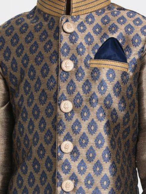 Vastramay Boys' Gold Cotton Silk Blend Ethnic Jacket, Kurta and Dhoti Pant Set