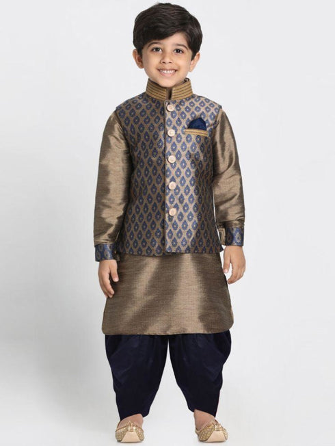 Vastramay Boys' Gold Cotton Silk Blend Ethnic Jacket, Kurta and Dhoti Pant Set