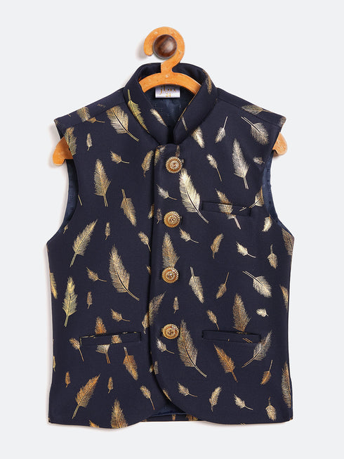 Vastramay Navy Blue And Gold Scuba Foil Print Nehru Jacket