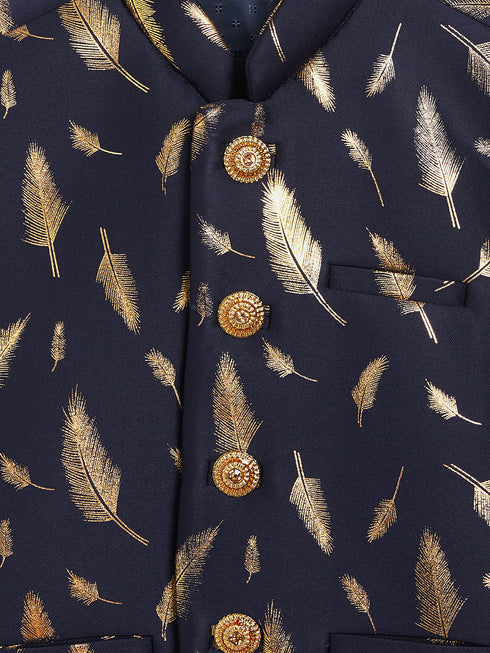 Vastramay Navy Blue And Gold Scuba Foil Print Nehru Jacket