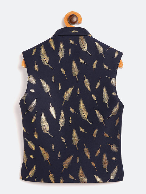 Vastramay Navy Blue And Gold Scuba Foil Print Nehru Jacket