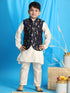 Vastramay Boy's Navy Blue Golden Printed Jacket With Cream Kurta Pyjama set
