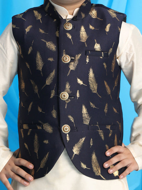 Vastramay Boy's Navy Blue Golden Printed Jacket With Cream Kurta Pyjama set