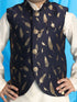 Vastramay Boy's Navy Blue Golden Printed Jacket With Cream Kurta Pyjama set