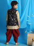 Vastramay Boy's Navy Blue Golden Printed Nehru Jacket With Gold Kurta And Maroon Dhoti Set