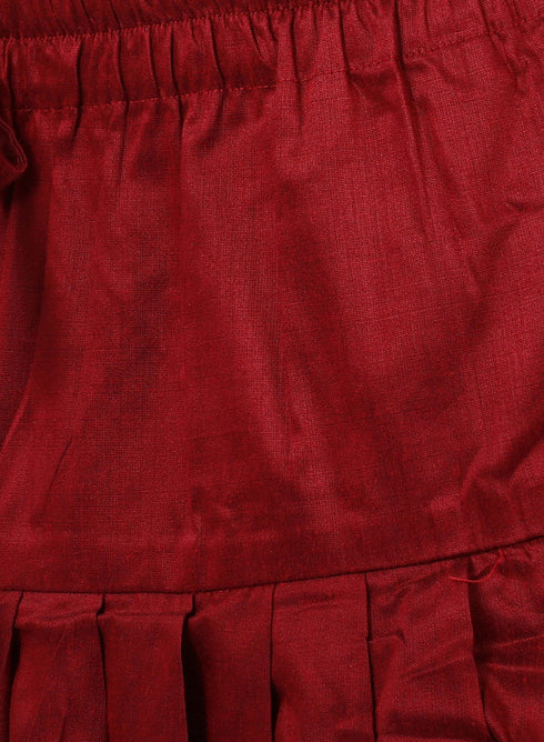 Vastramay Boy's Navy Blue Golden Printed Nehru Jacket With Gold Kurta And Maroon Dhoti Set