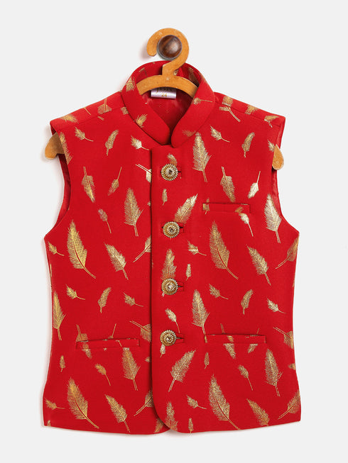 Vastramay Red And Gold Scuba Foil Print Nehru Jacket