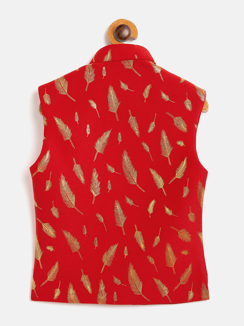 Vastramay Red And Gold Scuba Foil Print Nehru Jacket