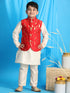 Vastramay Boy's Red Golden Printed Jacket With Cream Kurta Pyjama set