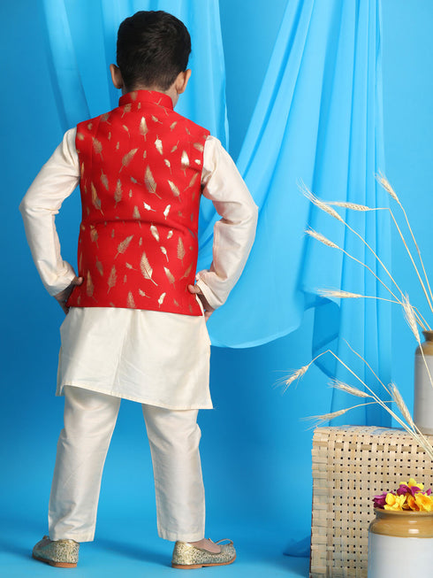 Vastramay Boy's Red Golden Printed Jacket With Cream Kurta Pyjama set