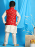 Vastramay Boy's Red Golden Printed Jacket With Cream Kurta Pyjama set