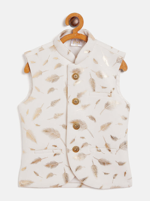 Vastramay White And Gold Scuba Foil Print Nehru Jacket