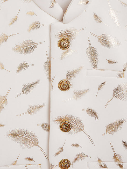 Vastramay White And Gold Scuba Foil Print Nehru Jacket