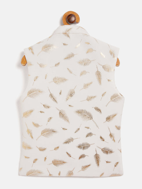 Vastramay White And Gold Scuba Foil Print Nehru Jacket