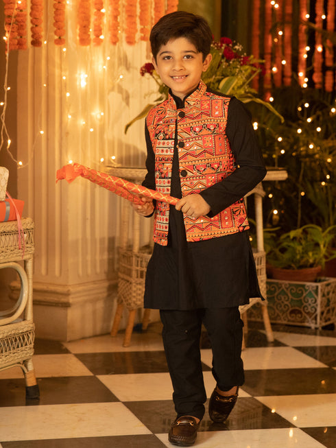 Vastramay Boys' Orange And Black Jacket, Kurta and Pyjama Set