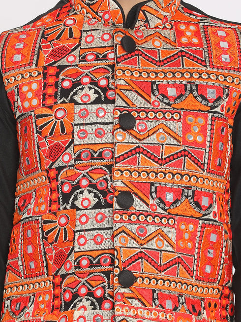 Vastramay Boys' Orange And Black Jacket, Kurta and Pyjama Set