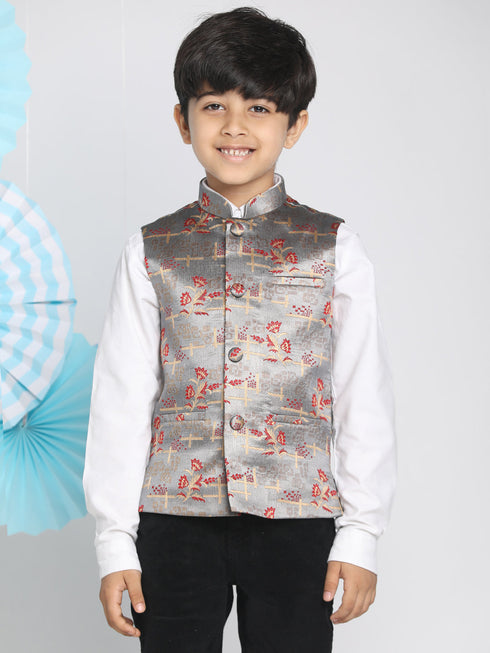 Vastramay Boys' Multicolor-Base-Grey Jacquard Nehru Jacket