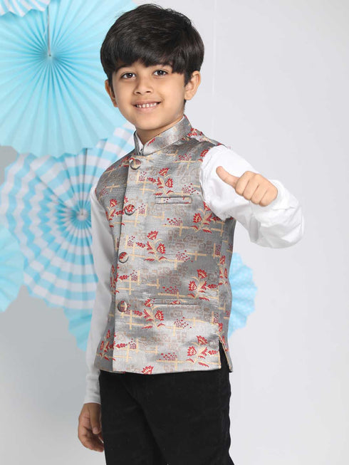 Vastramay Boys' Multicolor-Base-Grey Jacquard Nehru Jacket