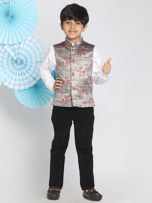 Vastramay Boys' Multicolor-Base-Grey Jacquard Nehru Jacket